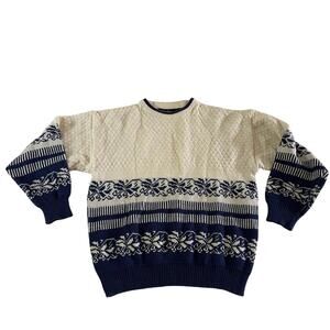 Vtg Y2K 2000s White Blue Nordic Fair Isle Winter Print Pullover Sweater